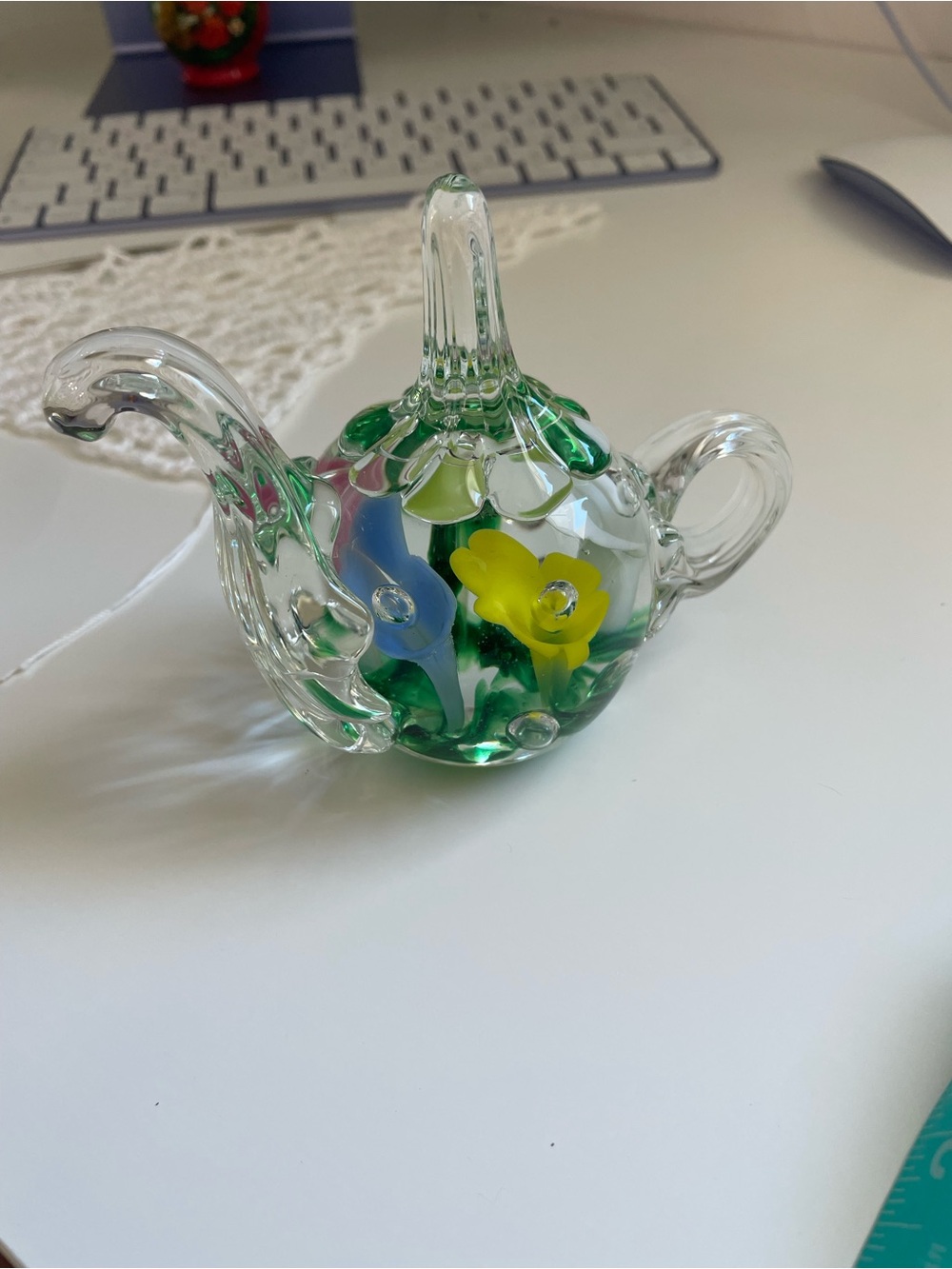 Clear Glass Floral Teapot Sculpture with Yellow and Blue Flowers